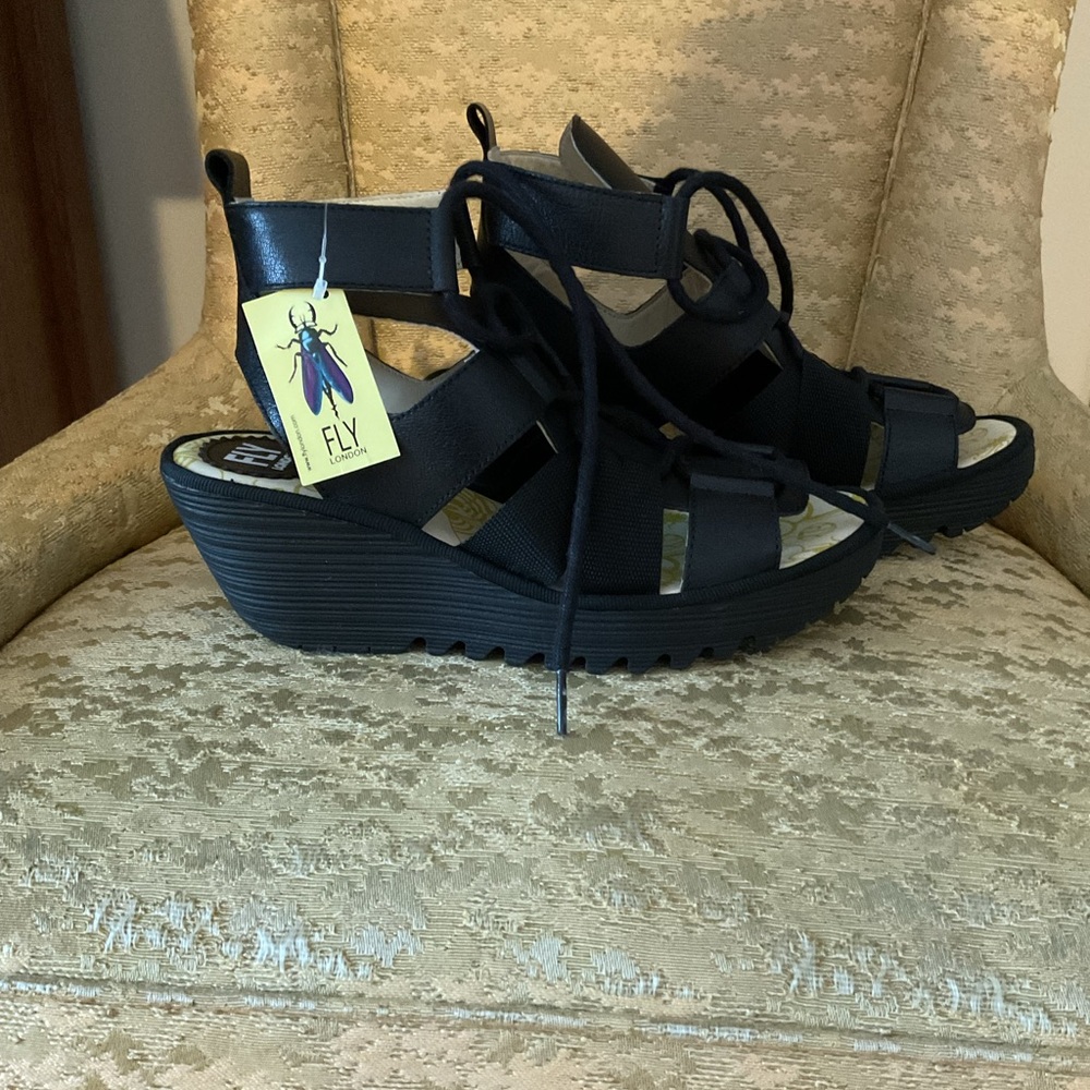 FLY London Black Strappy Wedges NWT